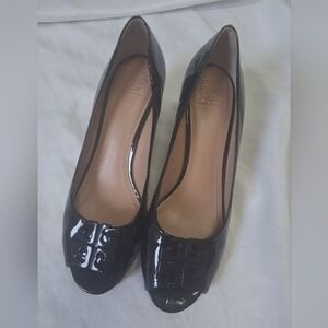 Tory Burch Black Patent Leather Peep-Toe Heels with Logo Accent